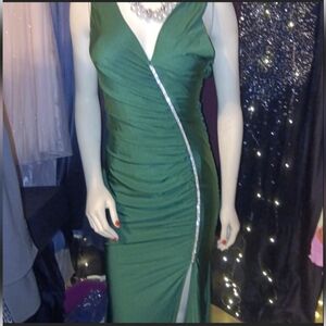 Ricarica Emerald Jewel-Tone Draped Off-the-Shoulder Gown with Rhinestone Slit M